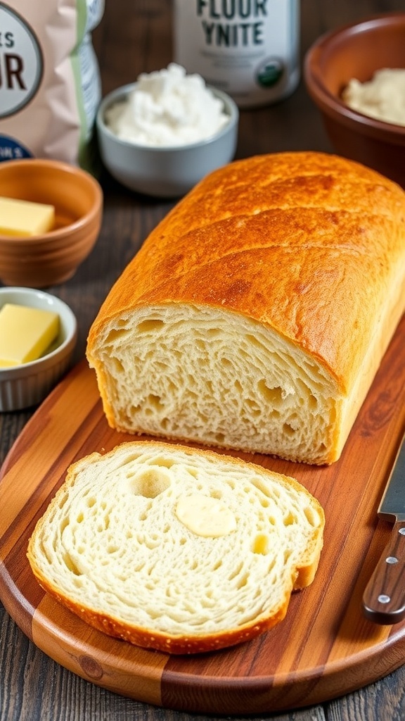 Homemade Bread Recipes Using Active Dry Yeast A loaf of freshly baked white bread sliced on a cutting board with butter and baking ingredients in the background.